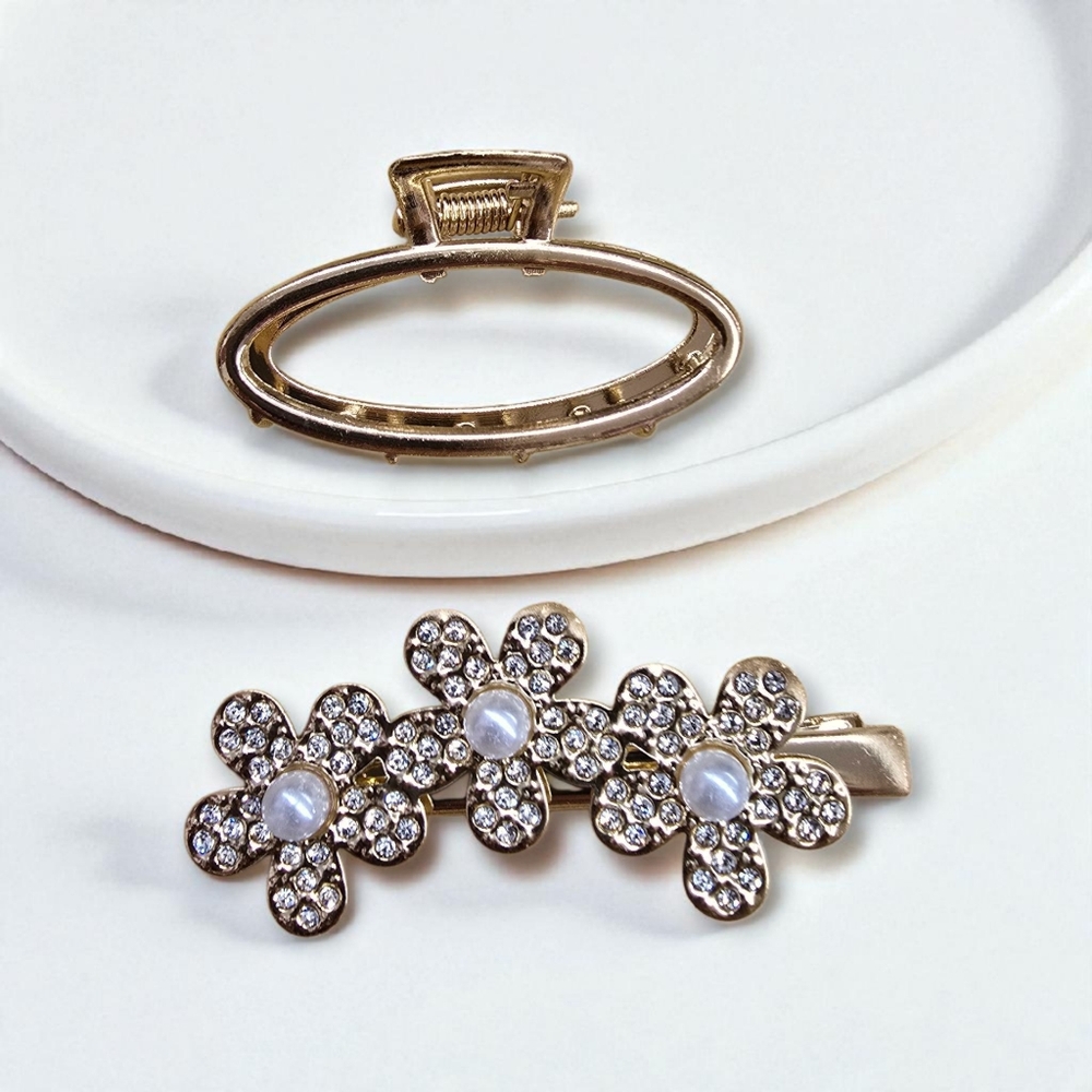 Elegant Floral Hair‎ Clip 2-Piece Set In Gold Or Silver Tone